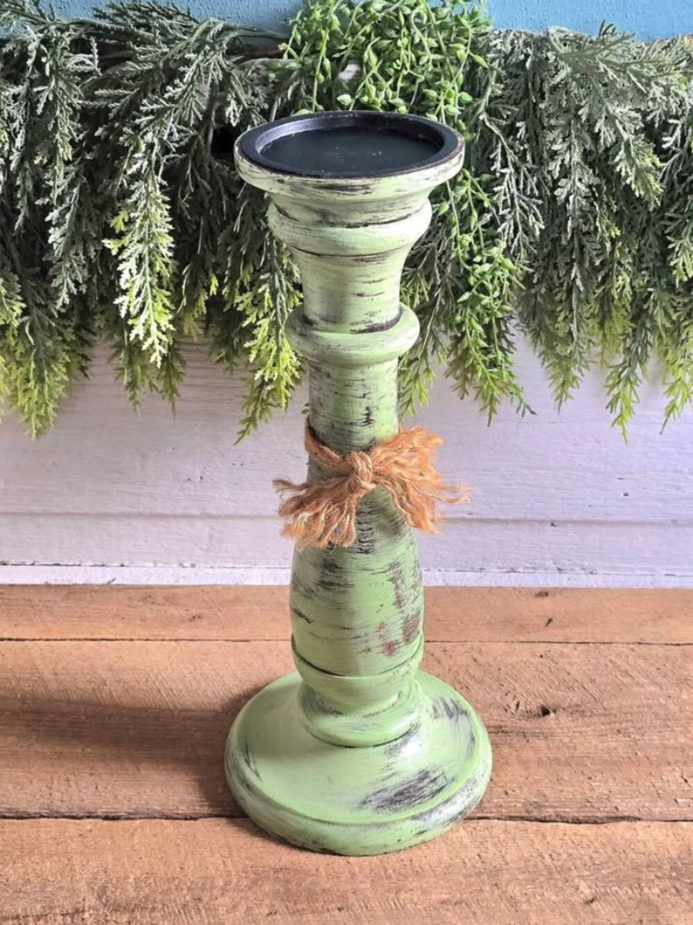 Green Distressed Wood Pillar Candle Holder Primitive Farmhouse Shabby Chic Decor